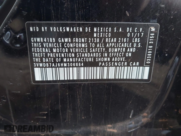 2017 Volkswagen Jetta SE with VIN 3VWDB7AJ6HM306864, listed as a IAAI auction lot 42605822 with 123,070 mi miles and . Bid and sale history available at DreamBid. Image 9.