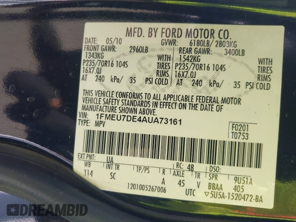 2010 Ford Explorer XLT with VIN 1FMEU7DE4AUA73161, listed as a IAAI auction lot 42175351 with 178,936 mi miles. Bid and sale history available at carsss.com. Image 9.