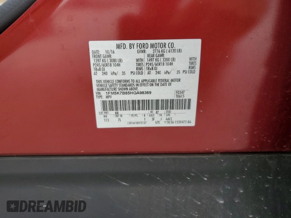2017 Ford Explorer z VIN 1FM5K7B85HGA98369, wystawiony jako Copart lot #55764715 z przebiegiem 121 577 mil mil oraz Szkoda całkowita • Salvage title. Historia ofert i sprzedaży dostępna na DreamBid. Obrazek 13.