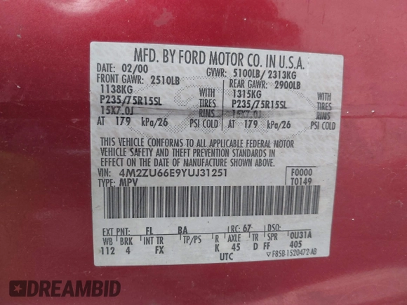 2000 Mercury Mountaineer Convenience с VIN 4M2ZU66E9YUJ31251, выставлен на аукционе IAAI как лот 41490035 с пробегом 310 778 миль миль и . История ставок и продаж доступна на DreamBid. Изображение 9.