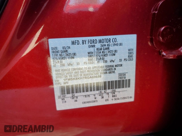 2024 Ford Explorer ST-Line с VIN 1FMSK8KH7RGA69658, выставлен на аукционе Copart как лот 71532604 с пробегом 7 741 миль миль и Списание • Salvage title. История ставок и продаж доступна на DreamBid. Изображение 15.