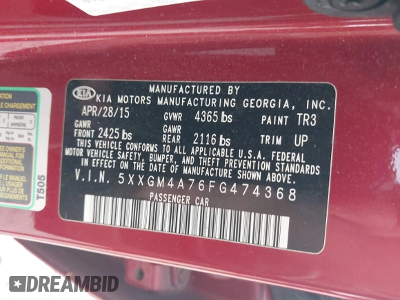 2015 Kia Optima LX with VIN 5XXGM4A76FG474368, listed as a IAAI auction lot 42303998 with 146,318 mi miles and . Bid and sale history available at DreamBid. Image 9.