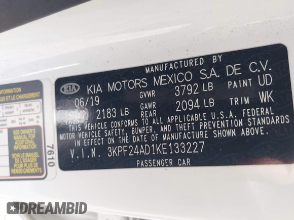 2019 Kia Forte LXS z VIN 3KPF24AD1KE133227, wystawiony jako IAAI lot #42494488 z przebiegiem 67 770 mil mil oraz . Historia ofert i sprzedaży dostępna na DreamBid. Obrazek 9.