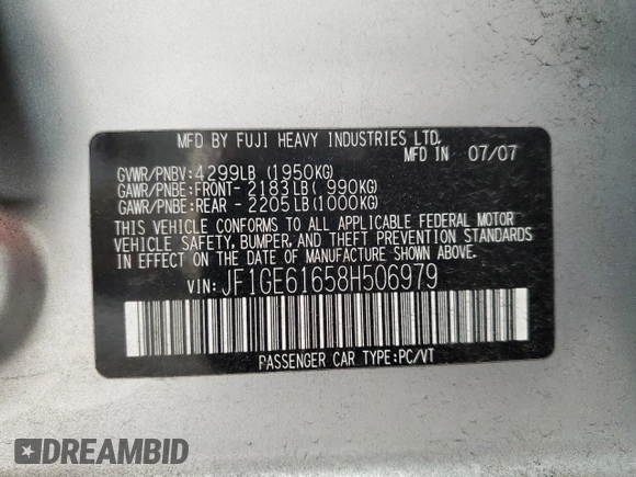 2008 Subaru Impreza Sedan (Natl) i w/Premium Pkg with VIN JF1GE61658H506979, listed as a Copart auction lot 88560745 with 100,947 mi miles and Salvage Title. Bid and sale history available at carsss.com. Image 12.