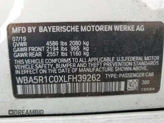 2020 BMW 3 Series 330i with VIN WBA5R1C0XLFH39262, listed as a Copart auction lot 57398585 with 55,456 mi miles and Salvage title. Bid and sale history available at DreamBid. Image 13.