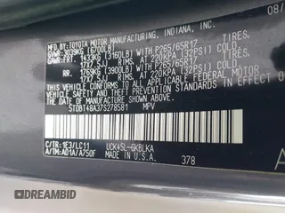 2007 Toyota Sequoia Limited with VIN 5TDBT48A37S278581, listed as a IAAI auction lot 42182841 with 131,041 mi miles and . Bid and sale history available at DreamBid. Image 9.