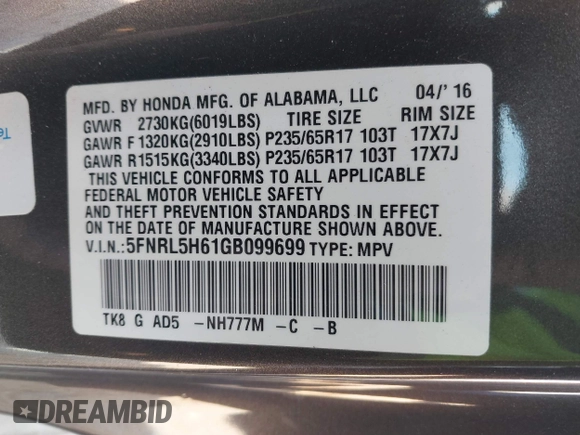 2016 Honda Odyssey EX-L with VIN 5FNRL5H61GB099699, listed as a IAAI auction lot 41807964 with 67,041 mi miles and . Bid and sale history available at DreamBid. Image 9.