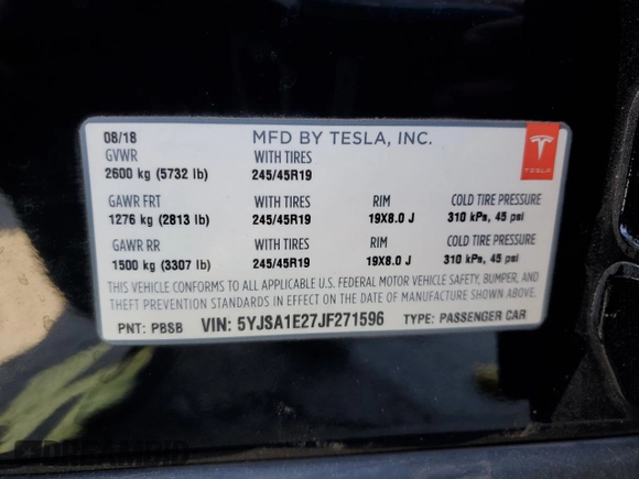 2018 Tesla Model S 75D с VIN 5YJSA1E27JF271596, выставлен на аукционе Copart как лот 57681565 с пробегом 106 710 миль миль и Списание • Salvage title. История ставок и продаж доступна на DreamBid. Изображение 12.
