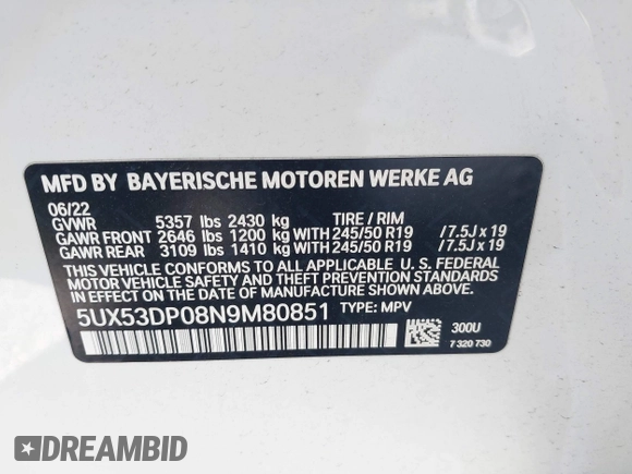 2022 BMW X3 xDrive30i with VIN 5UX53DP08N9M80851, listed as a IAAI auction lot 40173357 with 18,889 mi miles and . Bid and sale history available at DreamBid. Image 9.