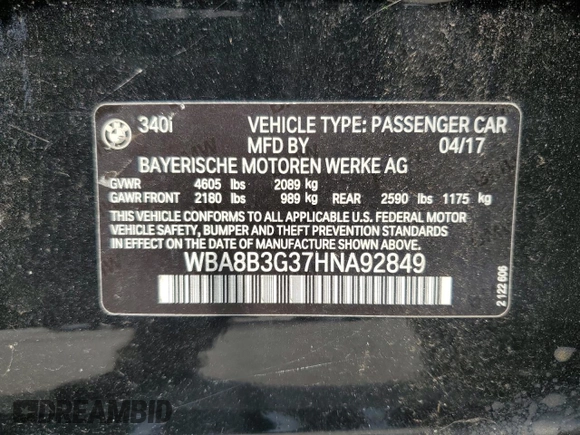 2017 BMW 3 Series 340i with VIN WBA8B3G37HNA92849, listed as a Copart auction lot 36897564 with Not Provided miles and Non Repairable. Bid and sale history available at DreamBid. Image 12.