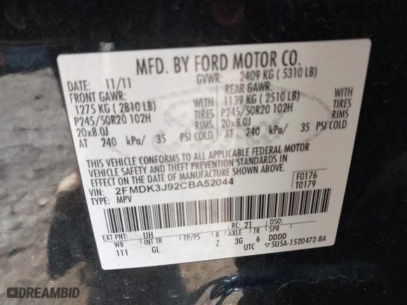 2012 Ford Edge SEL with VIN 2FMDK3J92CBA52044, listed as a IAAI auction lot 41640793 with 175,629 mi miles. Bid and sale history available at carsss.com. Image 9.