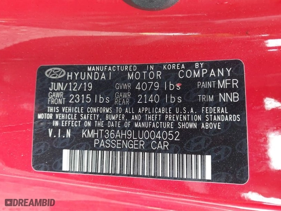2020 Hyundai Veloster N with VIN KMHT36AH9LU004052, listed as a IAAI auction lot 41923950 with 44,683 mi miles. Bid and sale history available at carsss.com. Image 9.