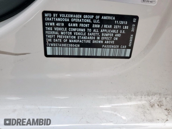 2014 Volkswagen Passat SE with VIN 1VWBS7A38EC050426, listed as a Copart auction lot 64383315 with 114,751 mi miles and Salvage title. Bid and sale history available at DreamBid. Image 12.