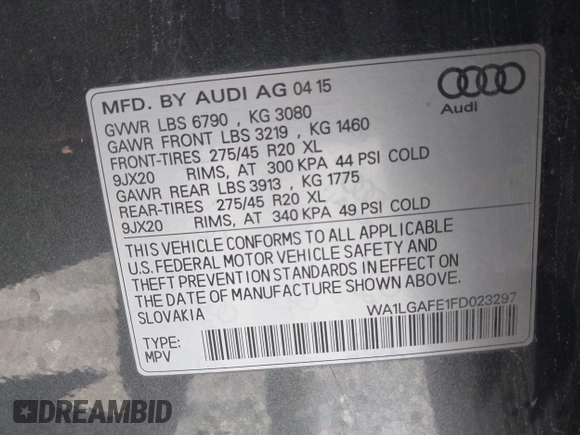 2015 Audi Q7 Premium Plus z VIN WA1LGAFE1FD023297, wystawiony jako IAAI lot #42128488 z przebiegiem 173 407 mil mil oraz . Historia ofert i sprzedaży dostępna na DreamBid. Obrazek 9.