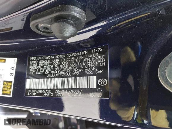 2023 Toyota Corolla Hybrid LE with VIN JTDBCMFE7PJ001872, listed as a IAAI auction lot 41529174 with 13,838 mi miles. Bid and sale history available at carsss.com. Image 9.