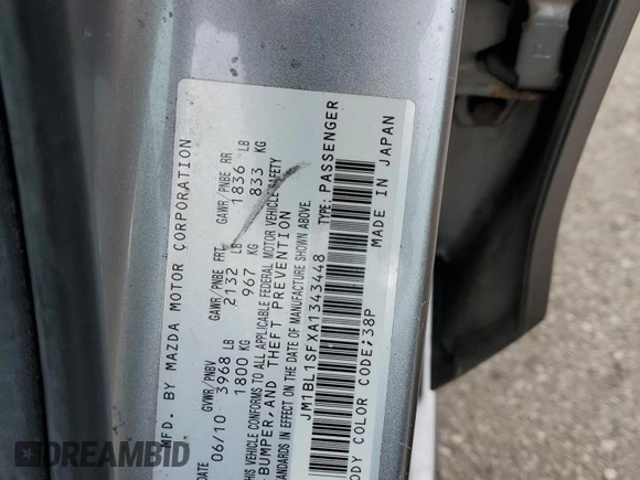 2010 Mazda 3 i Touring with VIN JM1BL1SFXA1343448, listed as a Copart auction lot 56531055 with 156,069 mi miles and Salvage Title. Bid and sale history available at DreamBid. Image 12.