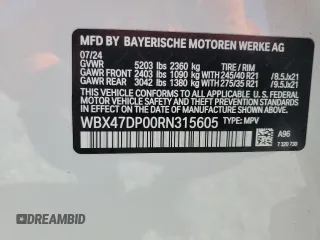 2024 BMW X3 sDrive30i with VIN WBX47DP00RN315605, listed as a Copart auction lot 42827025 with 1,792 mi miles and Salvage Title. Bid and sale history available at DreamBid. Image 12.