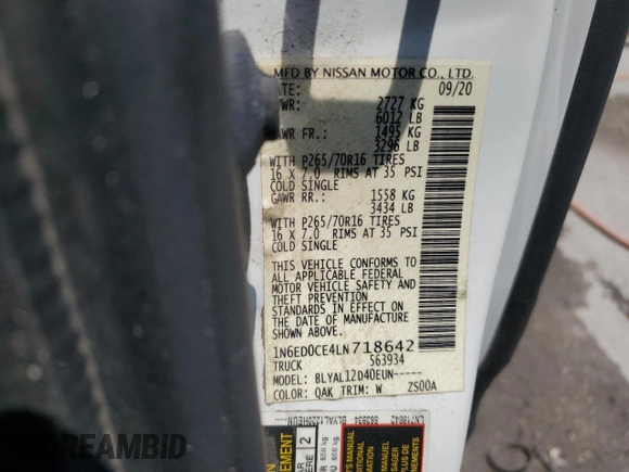 2020 Nissan Frontier S with VIN 1N6ED0CE4LN718642, listed as a Copart auction lot 55818775 with 20,042 mi miles and Salvage title. Bid and sale history available at DreamBid. Image 12.