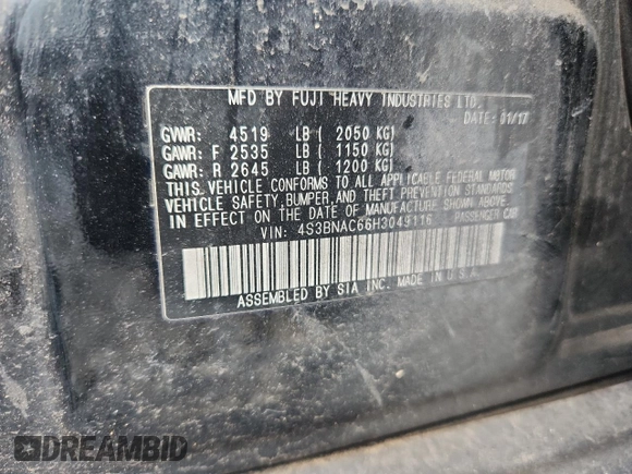 2017 Subaru Legacy Premium with VIN 4S3BNAC66H3049116, listed as a Copart auction lot 65729425 with Not provided miles and Clean title. Bid and sale history available at DreamBid. Image 12.