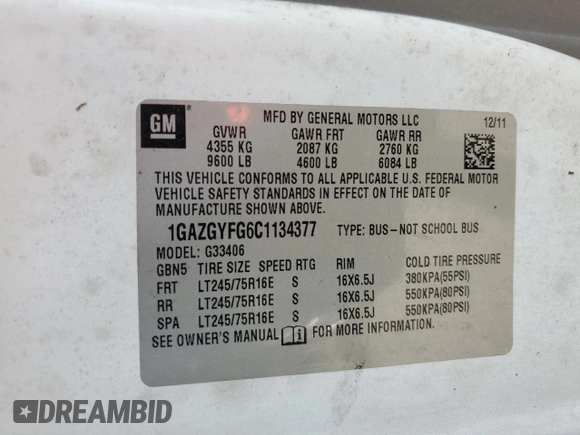 2012 Chevrolet Express Passenger 1LT z VIN 1GAZGYFG6C1134377, wystawiony jako Copart lot #75669234 z przebiegiem Nie podano mil oraz Nie do naprawy • Non repairable. Historia ofert i sprzedaży dostępna na DreamBid. Obrazek 14.