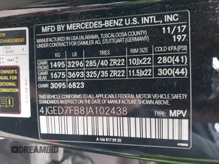 2018 Mercedes-Benz GLE 63 S AMG with VIN 4JGED7FB8JA102438, listed as a IAAI auction lot 41759970 with 103,226 mi miles and . Bid and sale history available at DreamBid. Image 9.