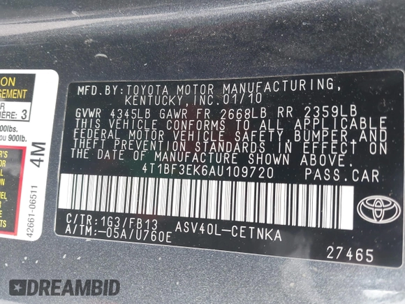 2010 Toyota Camry with VIN 4T1BF3EK6AU109720, listed as a IAAI auction lot 41938019 with 187,858 mi miles and . Bid and sale history available at DreamBid. Image 9.