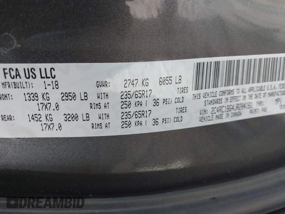 2018 Chrysler Pacifica Touring L with VIN 2C4RC1BG4JR204161, listed as a IAAI auction lot 41737734 with 87,323 mi miles and . Bid and sale history available at DreamBid. Image 9.
