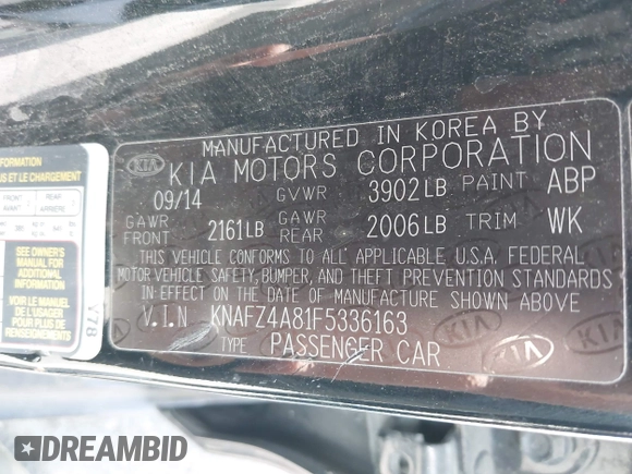 2015 Kia Forte EX with VIN KNAFZ4A81F5336163, listed as a IAAI auction lot 42024955 with 1 mi miles. Bid and sale history available at carsss.com. Image 9.