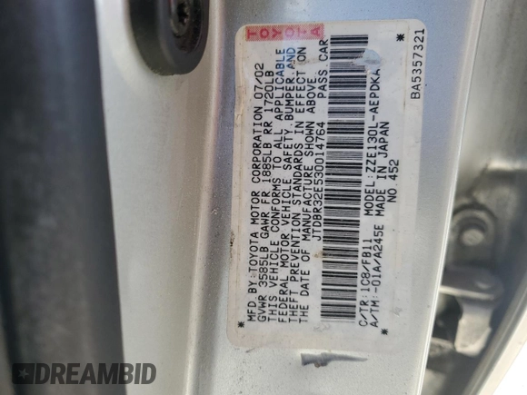 2003 Toyota Corolla CE with VIN JTDBR32E530014764, listed as a Copart auction lot 55143985 with 155,812 mi miles and Clean Title. Bid and sale history available at DreamBid. Image 12.