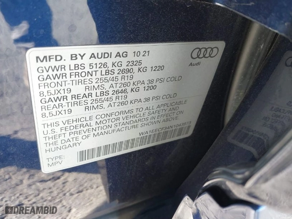 2022 Audi Q3 S line Premium Plus with VIN WA1EECF34N1043973, listed as a IAAI auction lot 41421906 with 21,333 mi miles. Bid and sale history available at carsss.com. Image 9.