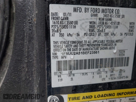 2011 Ford Expedition Limited with VIN 1FMJU2A51BEF23561, listed as a IAAI auction lot 41848917 with 142,402 mi miles and . Bid and sale history available at DreamBid. Image 9.