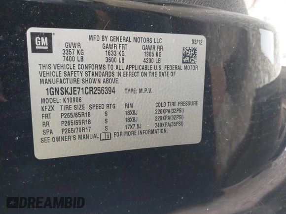 2012 Chevrolet Suburban LT with VIN 1GNSKJE71CR256394, listed as a IAAI auction lot 42689527 with 177,910 mi miles and . Bid and sale history available at DreamBid. Image 9.