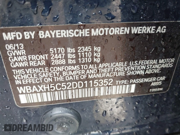 2013 BMW 5 Series 528i xDrive with VIN WBAXH5C52DD115352, listed as a IAAI auction lot 42501265 with 122,421 mi miles and . Bid and sale history available at DreamBid. Image 9.