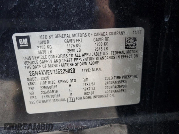 2018 Chevrolet Equinox Premier with VIN 2GNAXVEV7J6229020, listed as a Copart auction lot 46920515 with 43,294 mi miles and Salvage Title. Bid and sale history available at DreamBid. Image 15.