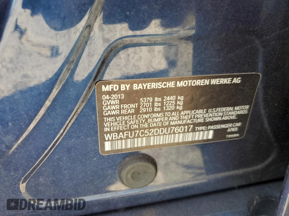 2013 BMW 5 Series 535i xDrive with VIN WBAFU7C52DDU76017, listed as a Copart auction lot 57461795 with 160,417 mi miles and Salvage title. Bid and sale history available at DreamBid. Image 12.