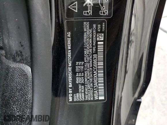 2021 BMW 4 Series M440i xDrive with VIN WBA13AR0XMCG68638, listed as a Copart auction lot 52142695 with 57,299 mi miles and Salvage Title. Bid and sale history available at DreamBid. Image 12.