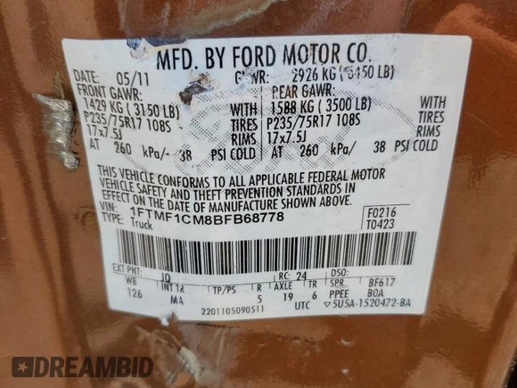 2011 Ford F-150 XL with VIN 1FTMF1CM8BFB68778, listed as a Copart auction lot 56981465 with 93,351 mi miles and Salvage title. Bid and sale history available at DreamBid. Image 12.