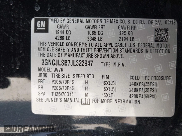 2018 Chevrolet Trax LT with VIN 3GNCJLSB7JL322947, listed as a IAAI auction lot 41820684 with 115,888 mi miles. Bid and sale history available at carsss.com. Image 9.