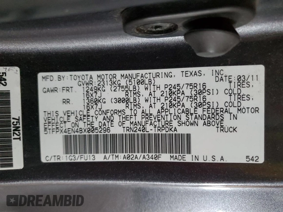 2011 Toyota Tacoma with VIN 5TFPX4EN4BX005296, listed as a Copart auction lot 43938475 with 211,852 mi miles and Salvage Title. Bid and sale history available at carsss.com. Image 12.