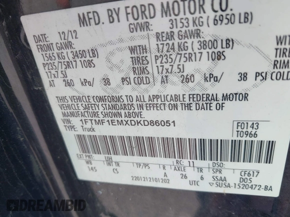2013 Ford F-150 XL with VIN 1FTMF1EMXDKD86051, listed as a IAAI auction lot 42588568 with 149,943 mi miles and . Bid and sale history available at DreamBid. Image 9.