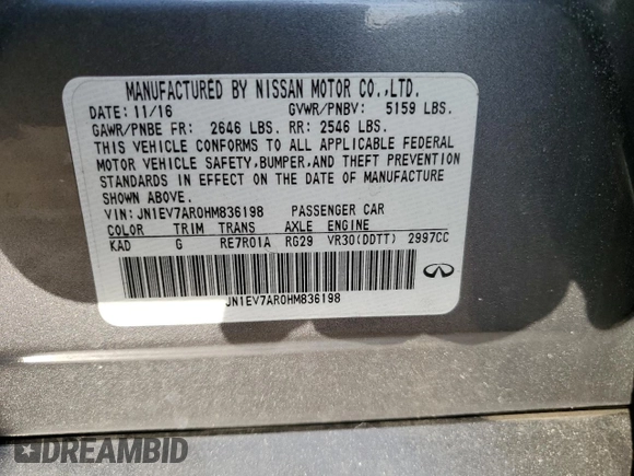 2017 Infiniti Q50 3.0t Signature Edition with VIN JN1EV7AR0HM836198, listed as a Copart auction lot 88823425 with 238,634 mi miles and Salvage Title. Bid and sale history available at carsss.com. Image 12.