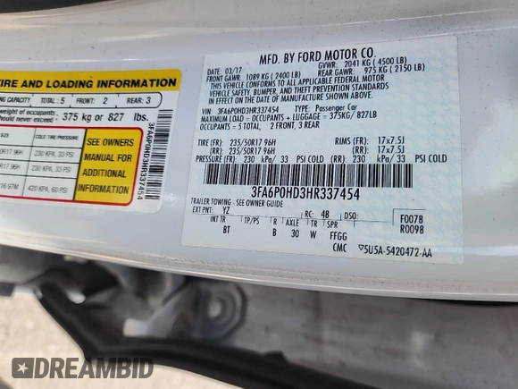 2017 Ford Fusion SE with VIN 3FA6P0HD3HR337454, listed as a IAAI auction lot 42631288 with 94,179 mi miles and . Bid and sale history available at DreamBid. Image 27.