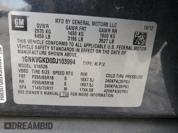 2013 Chevrolet Traverse LT with VIN 1GNKVGKD0DJ103994, listed as a Copart auction lot 56233435 with 211,791 mi miles and Clean Title. Bid and sale history available at DreamBid. Image 13.