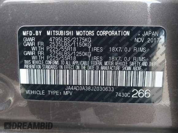 2018 Mitsubishi Outlander SE with VIN JA4AD3A38JZ030633, listed as a IAAI auction lot 41787274 with 70,696 mi miles and . Bid and sale history available at DreamBid. Image 9.