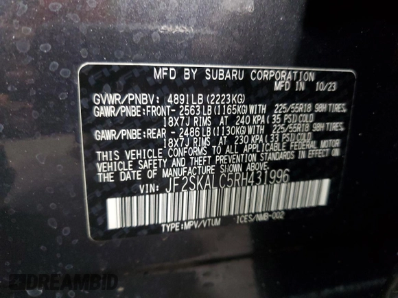 2024 Subaru Forester Limited с VIN JF2SKALC5RH431996, выставлен на аукционе Copart как лот 55938425 с пробегом 5 094 миль миль и Списание • Salvage title. История ставок и продаж доступна на DreamBid. Изображение 13.