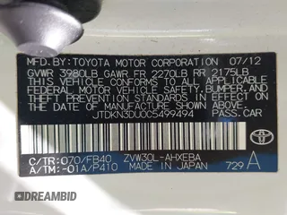 2012 Toyota Prius One with VIN JTDKN3DU0C5499494, listed as a IAAI auction lot 42071966 with 99,805 mi miles and . Bid and sale history available at DreamBid. Image 9.
