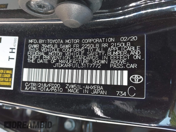 2020 Toyota Prius L Eco z VIN JTDKARFU1L3117772, wystawiony jako IAAI lot #40077005 z przebiegiem 71 892 mil mil oraz . Historia ofert i sprzedaży dostępna na DreamBid. Obrazek 9.