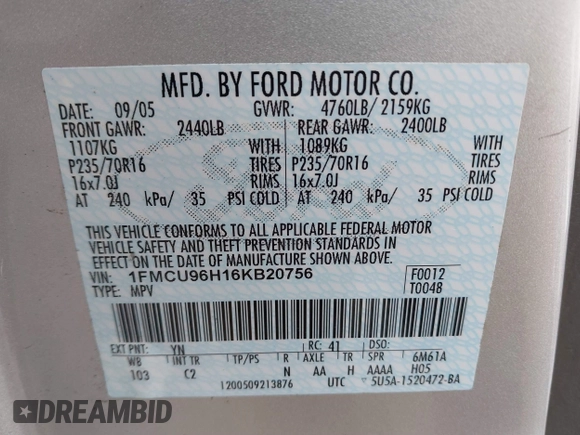 2006 Ford Escape Hybrid with VIN 1FMCU96H16KB20756, listed as a IAAI auction lot 41223286 with 101,829 mi miles and . Bid and sale history available at DreamBid. Image 9.