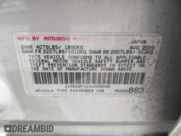 2010 Mitsubishi Lancer ES with VIN JA32U2FU1AU006059, listed as a IAAI auction lot 42118256 with 174,207 mi miles. Bid and sale history available at carsss.com. Image 9.