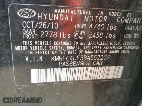 2011 Hyundai Azera Limited with VIN KMHFC4DF5BA552237, listed as a Copart auction lot 53460455 with 132,910 mi miles and Salvage title. Bid and sale history available at DreamBid. Image 12.